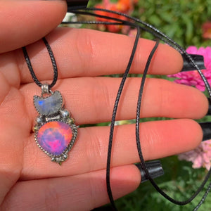 Moonstone & Rose Cut Clear Quartz with Aurora Opal Pendant - Sterling Silver - Crescent Moon Celestial Jewellery