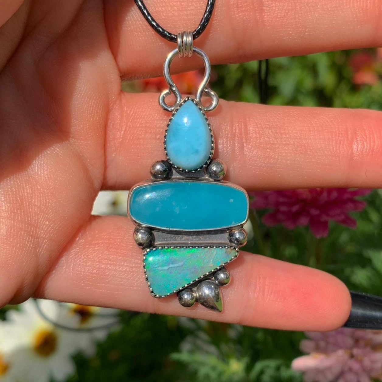 Larimar, Smithsonite & Australian Boulder Opal Pendant - Sterling Silver - Mermaid Necklace