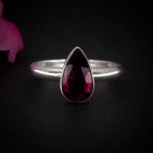Rose Cut Rhodolite Garnet Ring - Size 10 to 10 1/4 - Sterling Silver - Teardrop Faceted Garnet Jewelry - Pink Garnet Thick Ring Band
