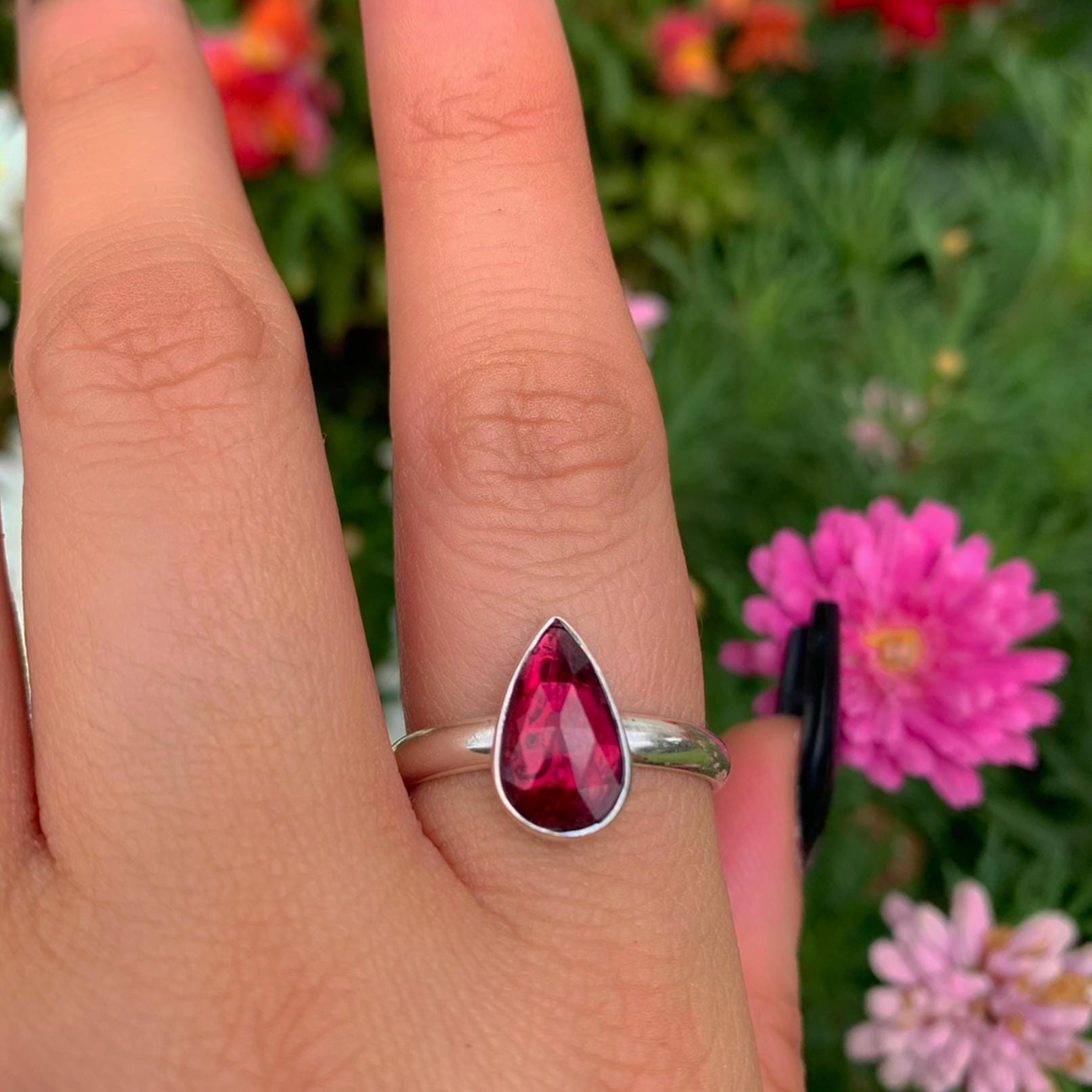 Rose Cut Rhodolite Garnet Ring - Size 10 to 10 1/4 - Sterling Silver - Teardrop Faceted Garnet Jewelry - Pink Garnet Thick Ring Band