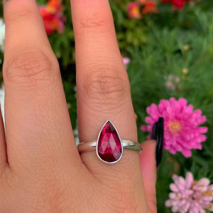 Rose Cut Rhodolite Garnet Ring - Size 10 to 10 1/4 - Sterling Silver - Teardrop Faceted Garnet Jewelry - Pink Garnet Thick Ring Band