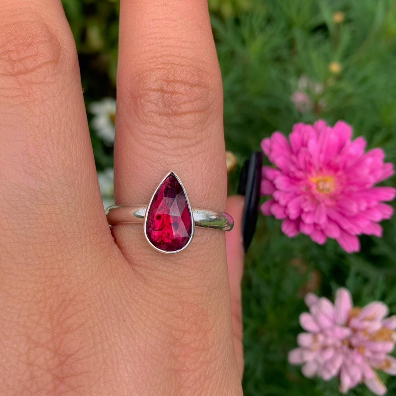 Rose Cut Rhodolite Garnet Ring - Size 10 to 10 1/4 - Sterling Silver - Teardrop Faceted Garnet Jewelry - Pink Garnet Thick Ring Band