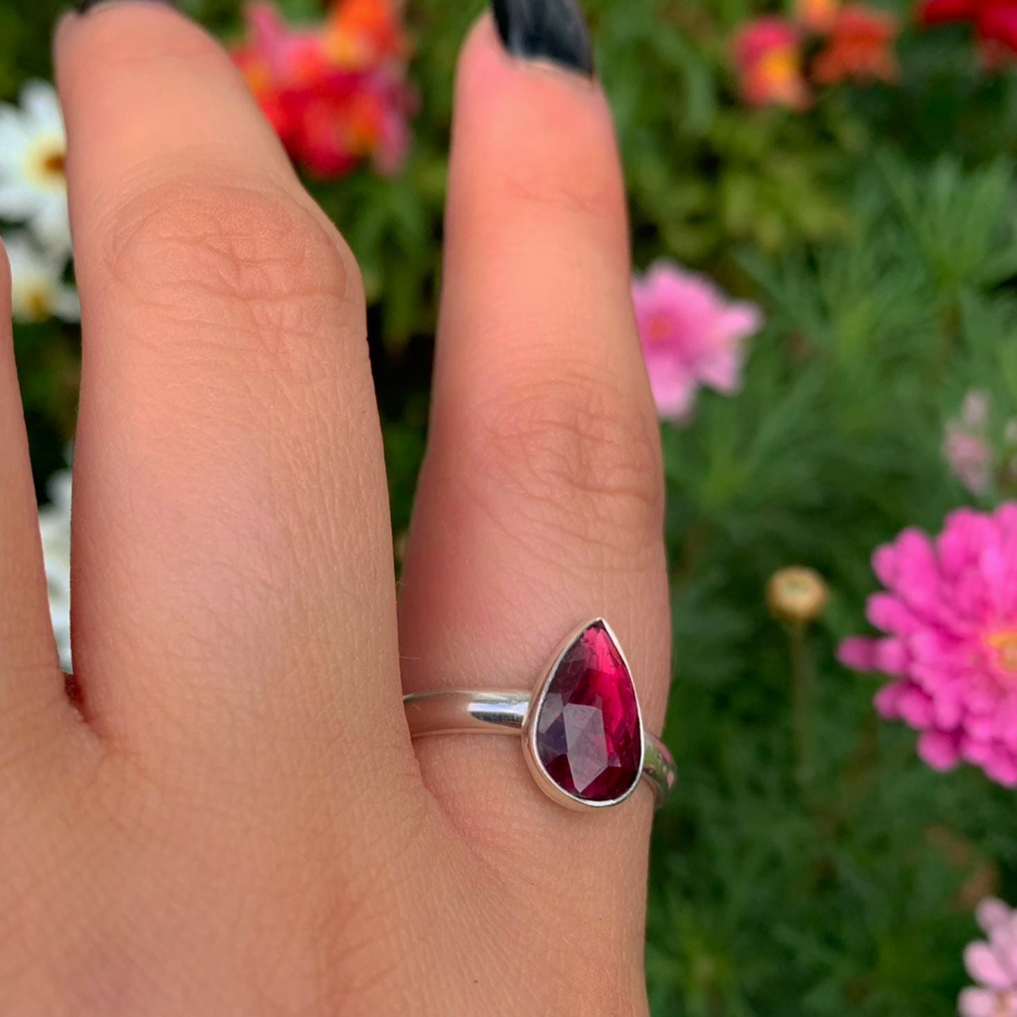 Rose Cut Rhodolite Garnet Ring - Size 10 to 10 1/4 - Sterling Silver - Teardrop Faceted Garnet Jewelry - Pink Garnet Thick Ring Band