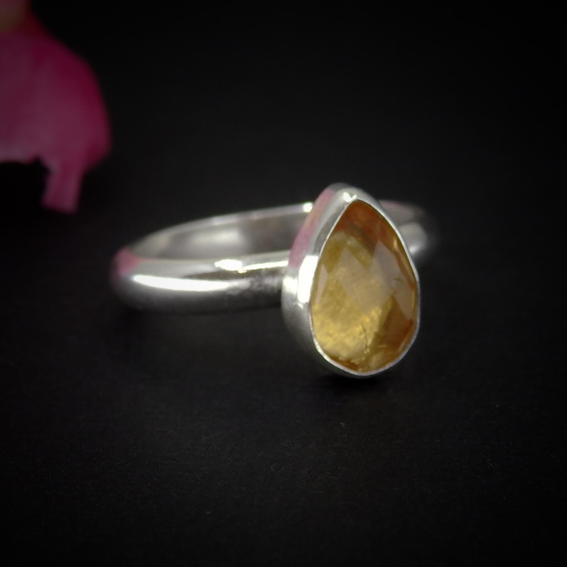 Rose Cut Citrine Ring - Size 6 - Sterling Silver - Faceted Citrine Jewelry - Yellow Citrine Jewellery - Teardrop Citrine Thick Band Ring