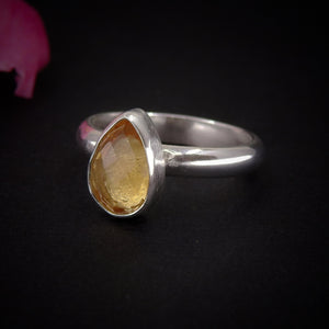 Rose Cut Citrine Ring - Size 6 - Sterling Silver - Faceted Citrine Jewelry - Yellow Citrine Jewellery - Teardrop Citrine Thick Band Ring