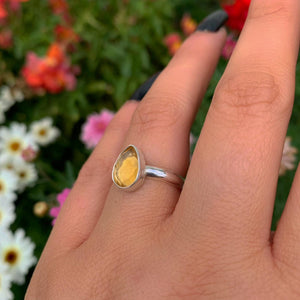Rose Cut Citrine Ring - Size 6 - Sterling Silver - Faceted Citrine Jewelry - Yellow Citrine Jewellery - Teardrop Citrine Thick Band Ring