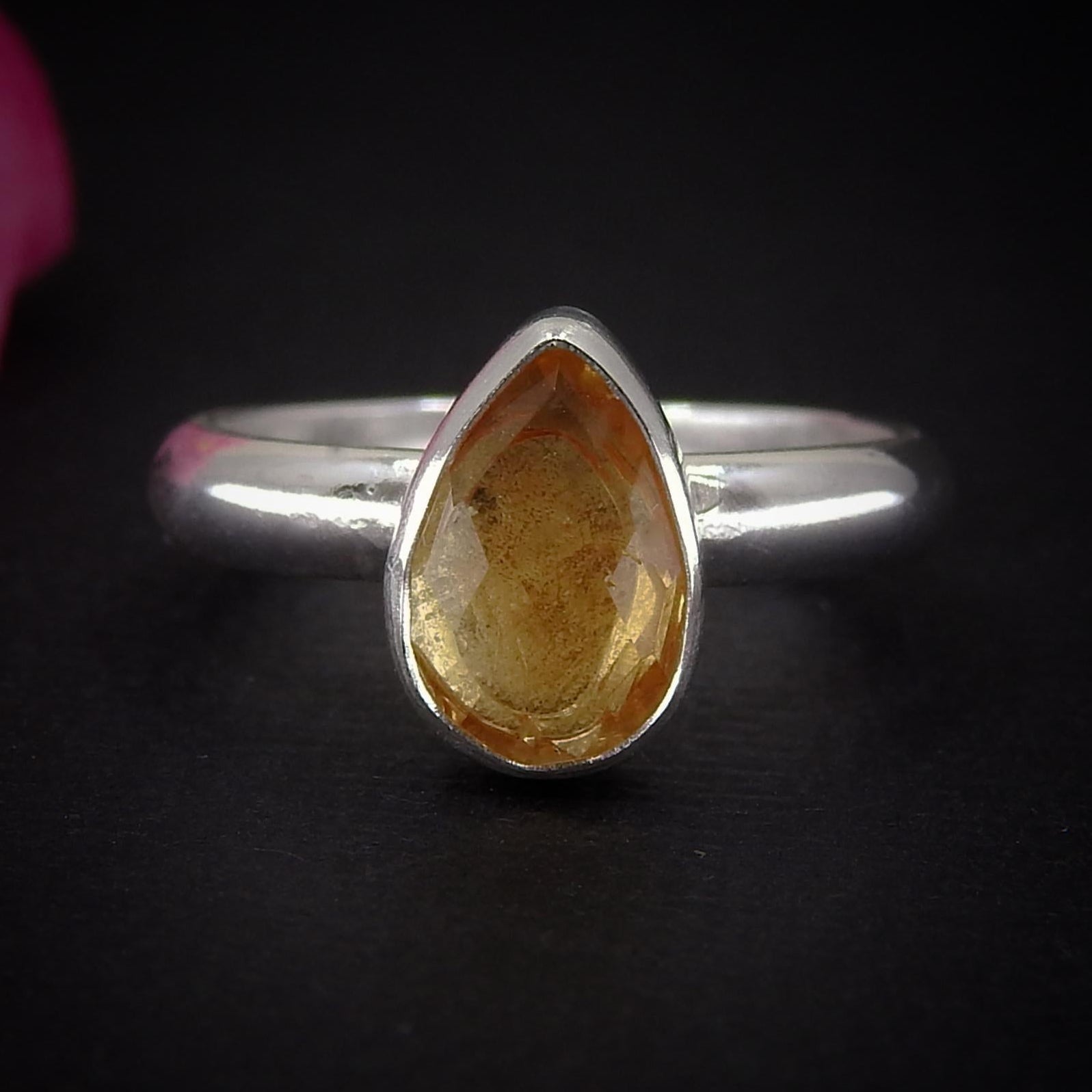 Rose Cut Citrine Ring - Size 6 - Sterling Silver - Faceted Citrine Jewelry - Yellow Citrine Jewellery - Teardrop Citrine Thick Band Ring