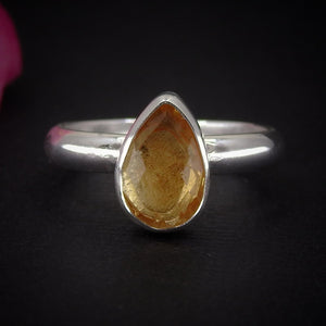 Rose Cut Citrine Ring - Size 6 - Sterling Silver - Faceted Citrine Jewelry - Yellow Citrine Jewellery - Teardrop Citrine Thick Band Ring