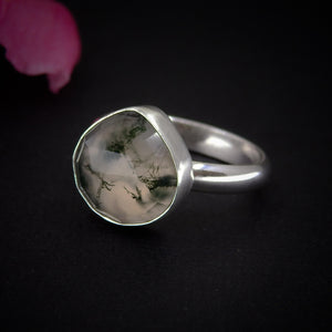 Rose Cut Moss Agate Ring - Size 7- Sterling Silver - Teardrop Moss Agate Jewelry - Faceted Leaf Ring - Forest Tree Agate Thick Ring Band