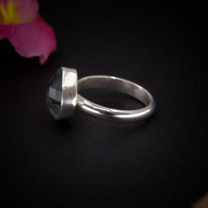 Rose Cut Moss Agate Ring - Size 7- Sterling Silver - Teardrop Moss Agate Jewelry - Faceted Leaf Ring - Forest Tree Agate Thick Ring Band