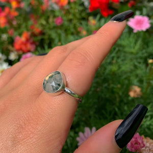 Rose Cut Moss Agate Ring - Size 7- Sterling Silver - Teardrop Moss Agate Jewelry - Faceted Leaf Ring - Forest Tree Agate Thick Ring Band