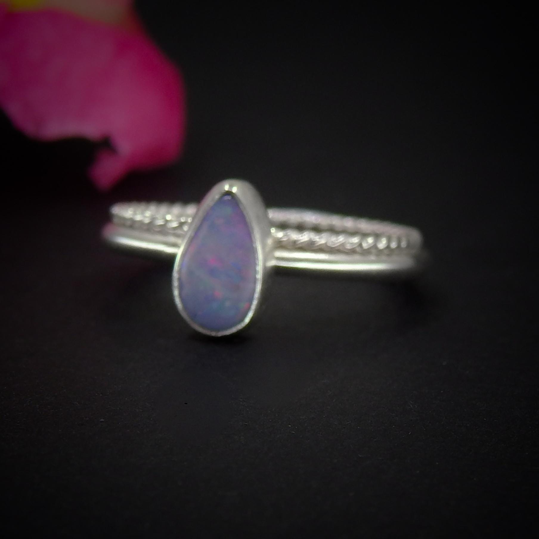 Australian Opal Ring Set - Size 5 - Sterling Silver - Lightning Ridge Opal Jewelry - Dainty Blue Teardrop Opal Stacking Rings Stack