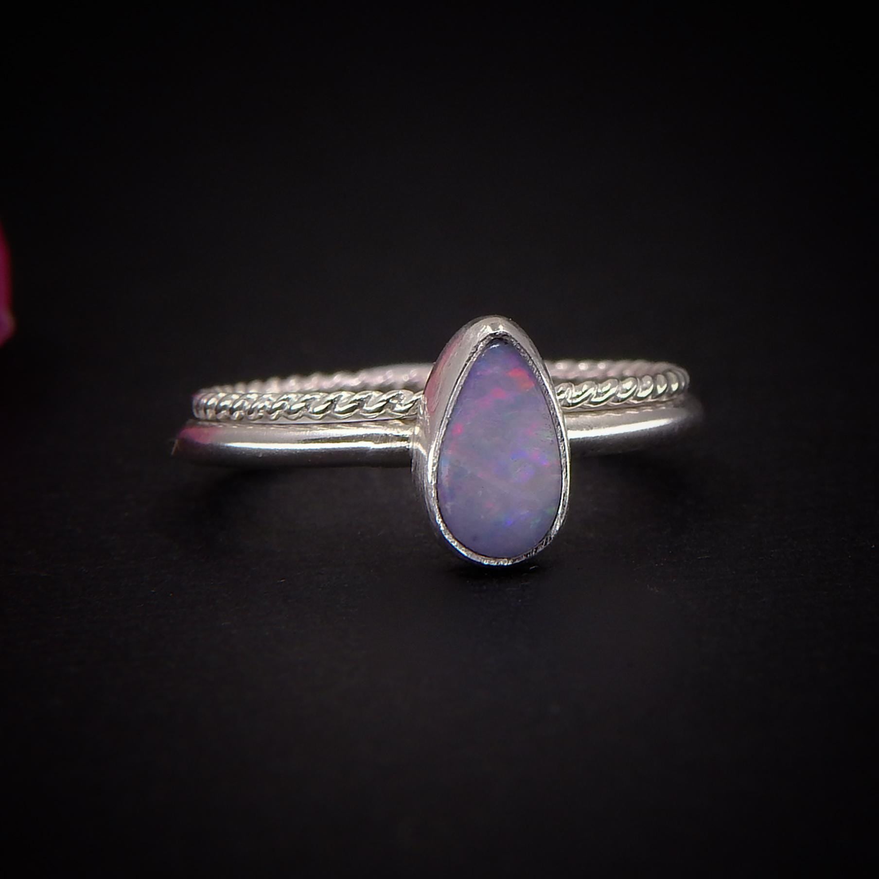 Australian Opal Ring Set - Size 5 - Sterling Silver - Lightning Ridge Opal Jewelry - Dainty Blue Teardrop Opal Stacking Rings Stack