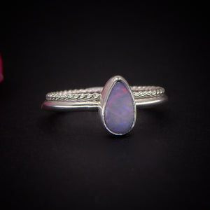 Australian Opal Ring Set - Size 5 - Sterling Silver - Lightning Ridge Opal Jewelry - Dainty Blue Teardrop Opal Stacking Rings Stack