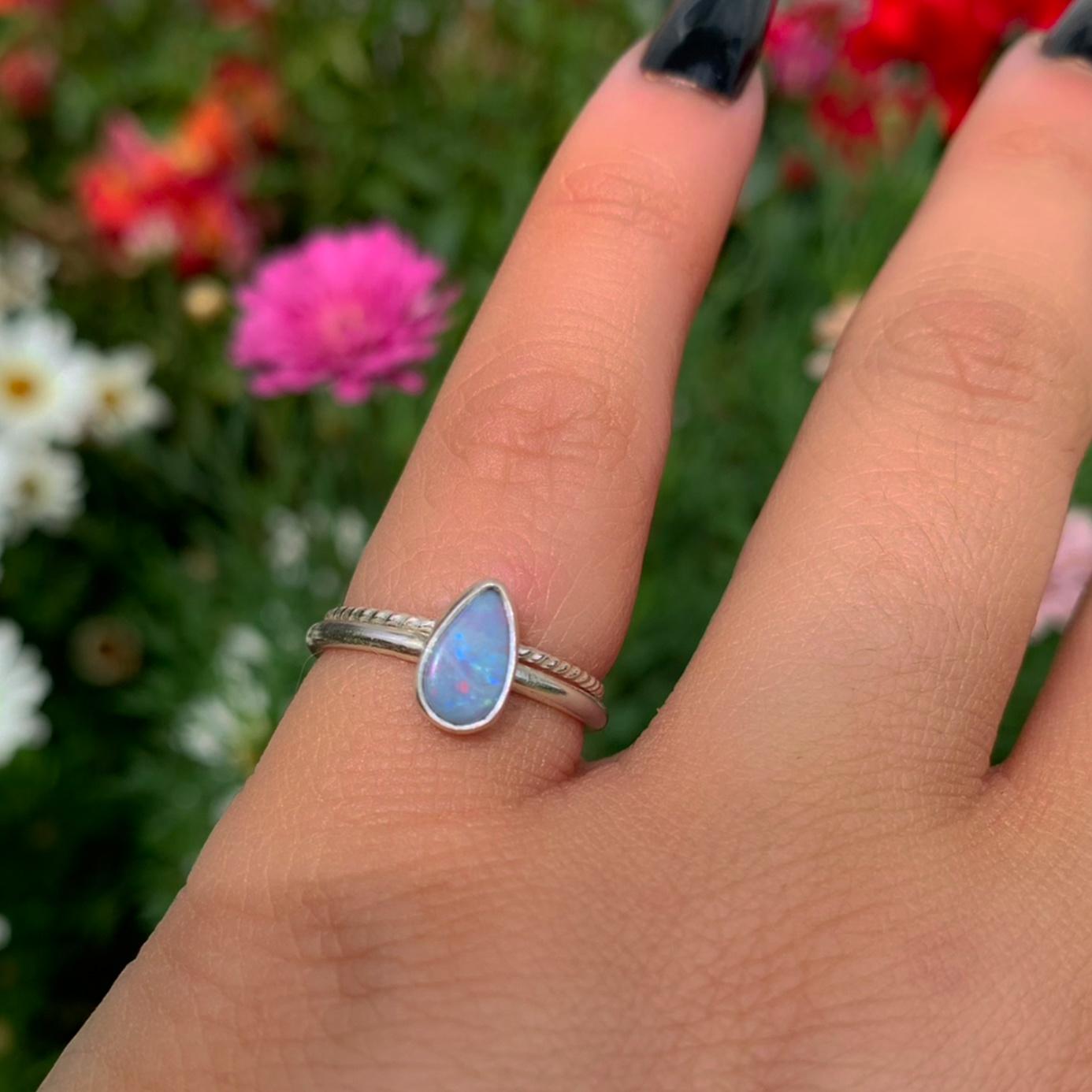 Australian Opal Ring Set - Size 5 - Sterling Silver - Lightning Ridge Opal Jewelry - Dainty Blue Teardrop Opal Stacking Rings Stack