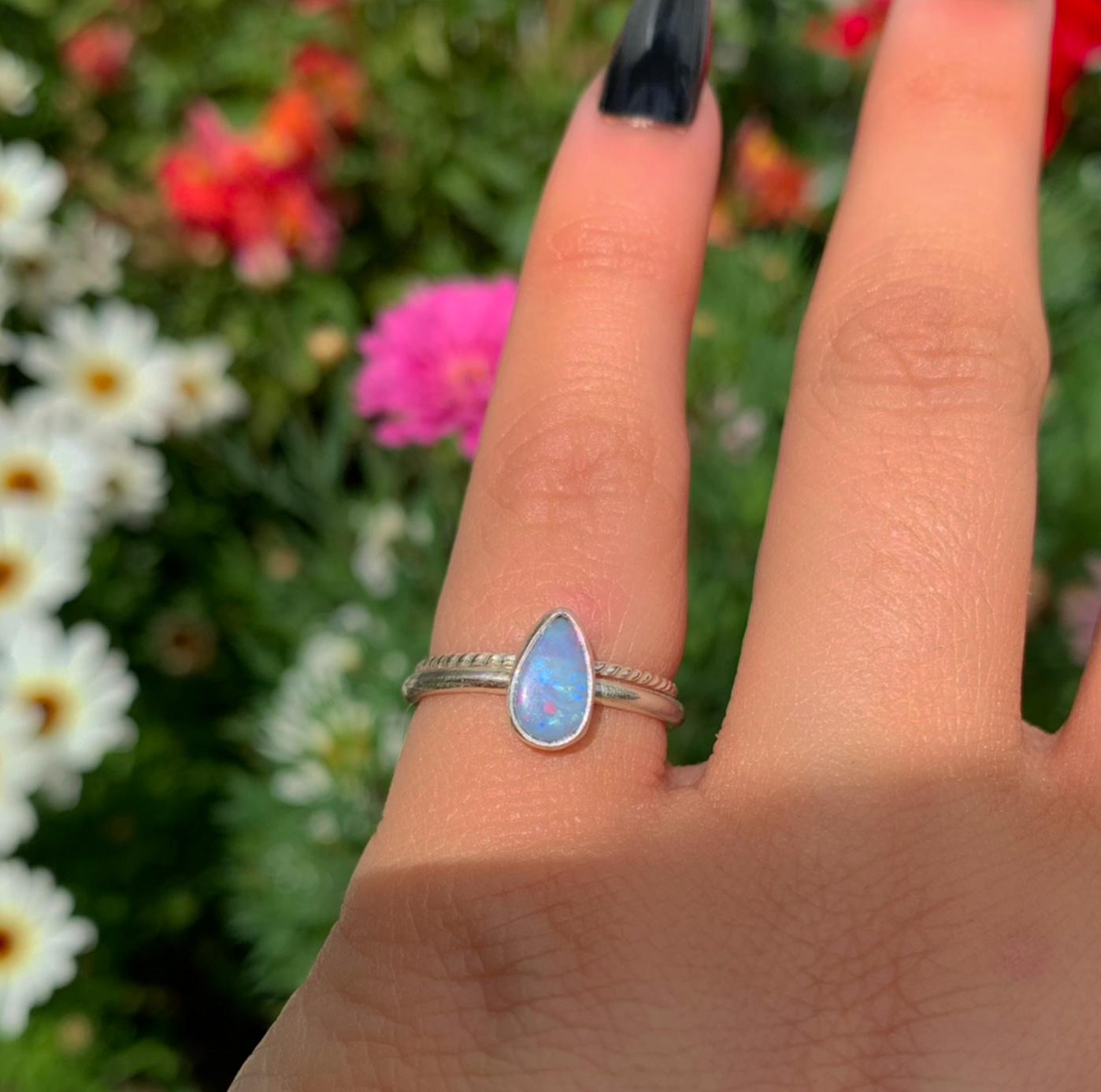 Australian Opal Ring Set - Size 5 - Sterling Silver - Lightning Ridge Opal Jewelry - Dainty Blue Teardrop Opal Stacking Rings Stack