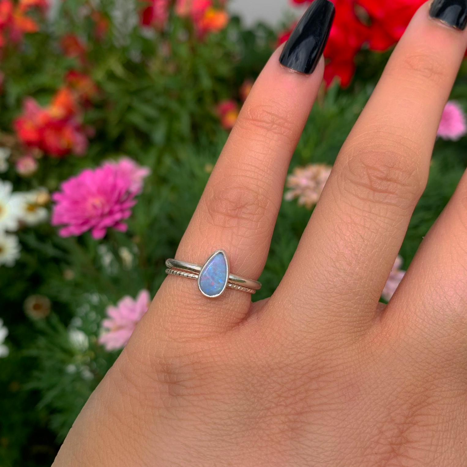 Australian Opal Ring Set - Size 5 - Sterling Silver - Lightning Ridge Opal Jewelry - Dainty Blue Teardrop Opal Stacking Rings Stack