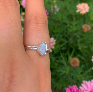 Australian Opal Ring Set - Size 7 1/2 to 7 3/4 - Sterling Silver - Lightning Ridge Opal Jewelry - Dainty Blue Opal Stacking Rings Stack