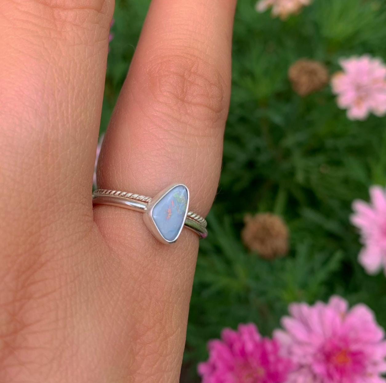 Australian Opal Ring Set - Size 7 1/2 to 7 3/4 - Sterling Silver - Lightning Ridge Opal Jewelry - Dainty Blue Opal Stacking Rings Stack