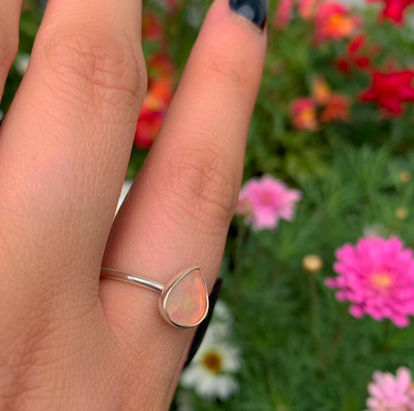 Rose Cut Peach-Pink Opal Ring - Size 9 - Sterling Silver - Ethically Sourced Ethiopian Opal Jewellery - Dainty Opal Stacking Ring Faceted