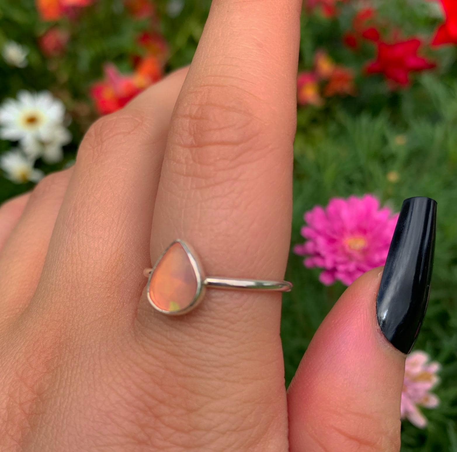 Rose Cut Peach-Pink Opal Ring - Size 9 - Sterling Silver - Ethically Sourced Ethiopian Opal Jewellery - Dainty Opal Stacking Ring Faceted