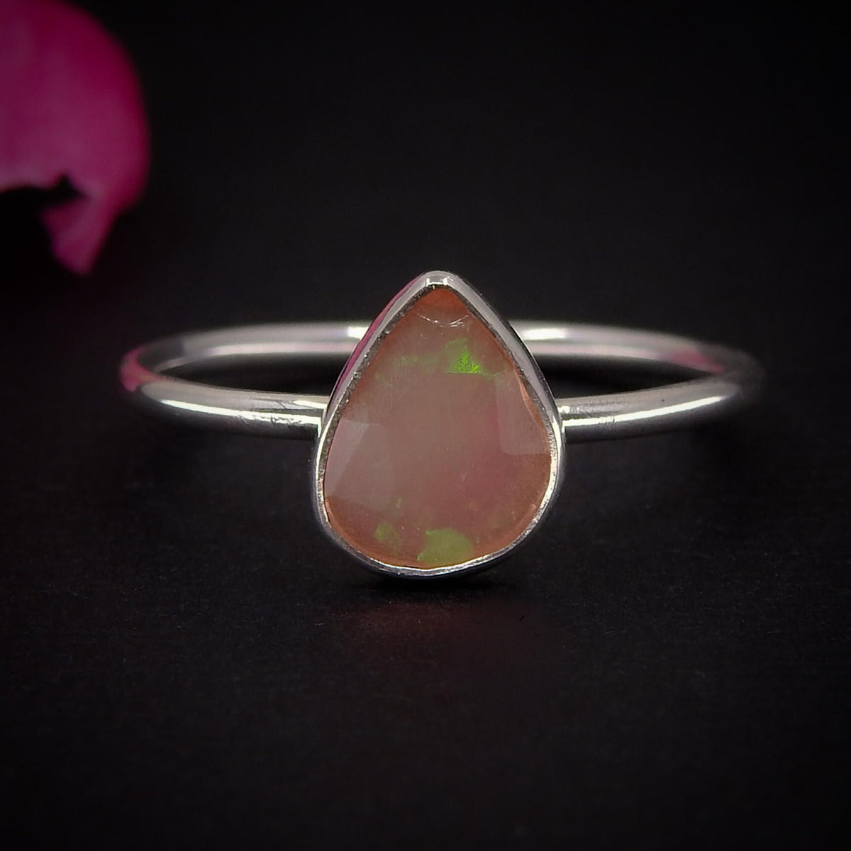 Rose Cut Peach-Pink Opal Ring - Size 9 - Sterling Silver - Ethically Sourced Ethiopian Opal Jewellery - Dainty Opal Stacking Ring Faceted
