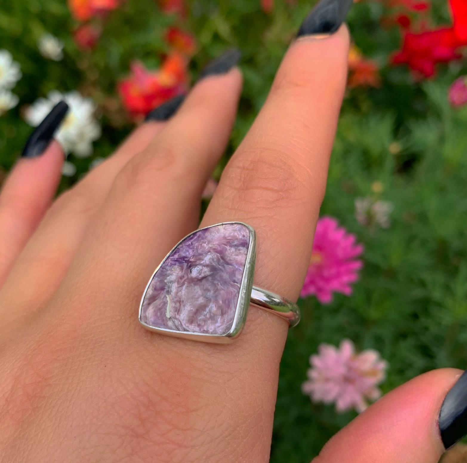 Charoite Ring - Size 9 - Sterling Silver - Large Purple Charoite Statement Jewellery