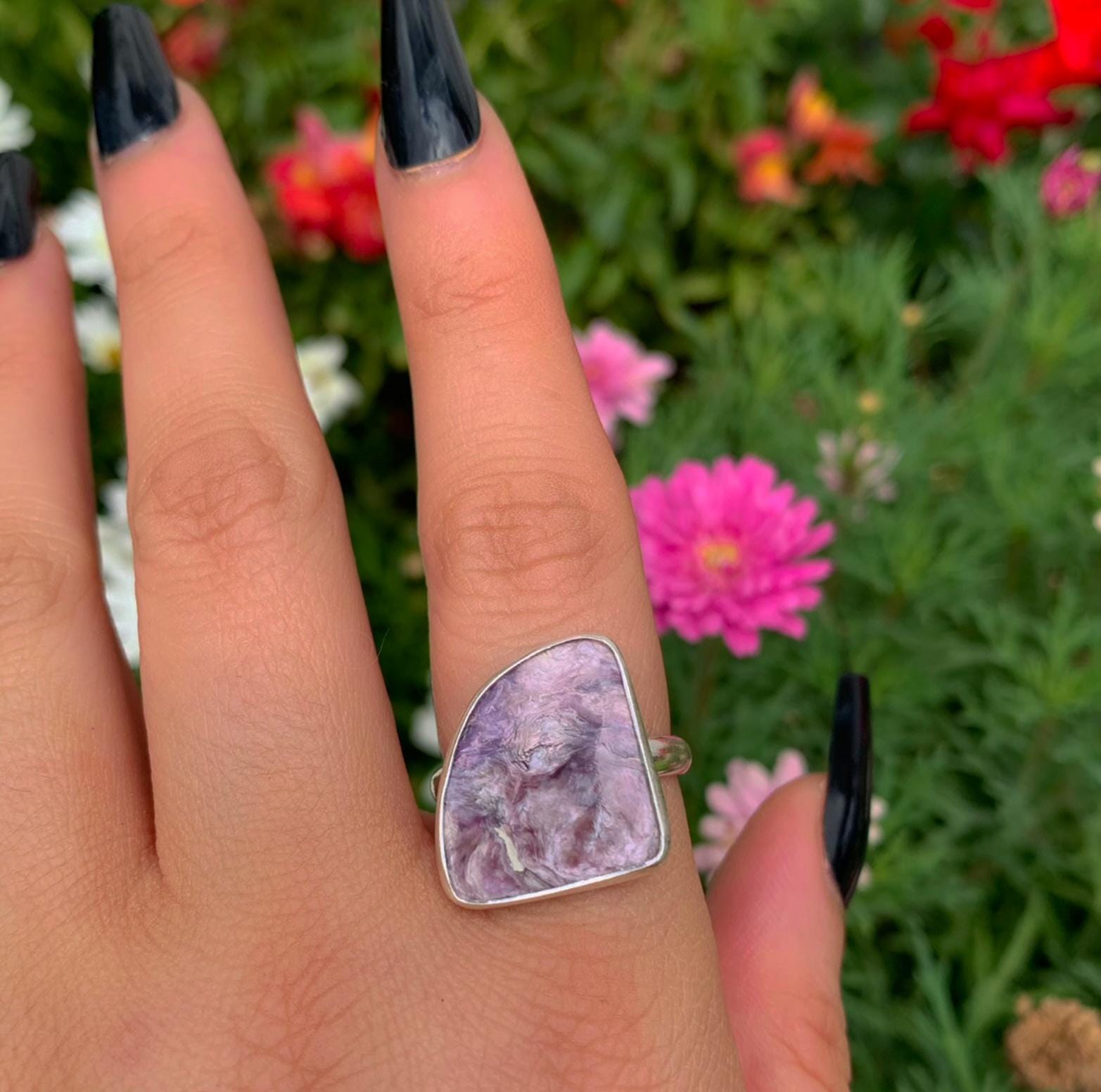 Charoite Ring - Size 9 - Sterling Silver - Large Purple Charoite Statement Jewellery