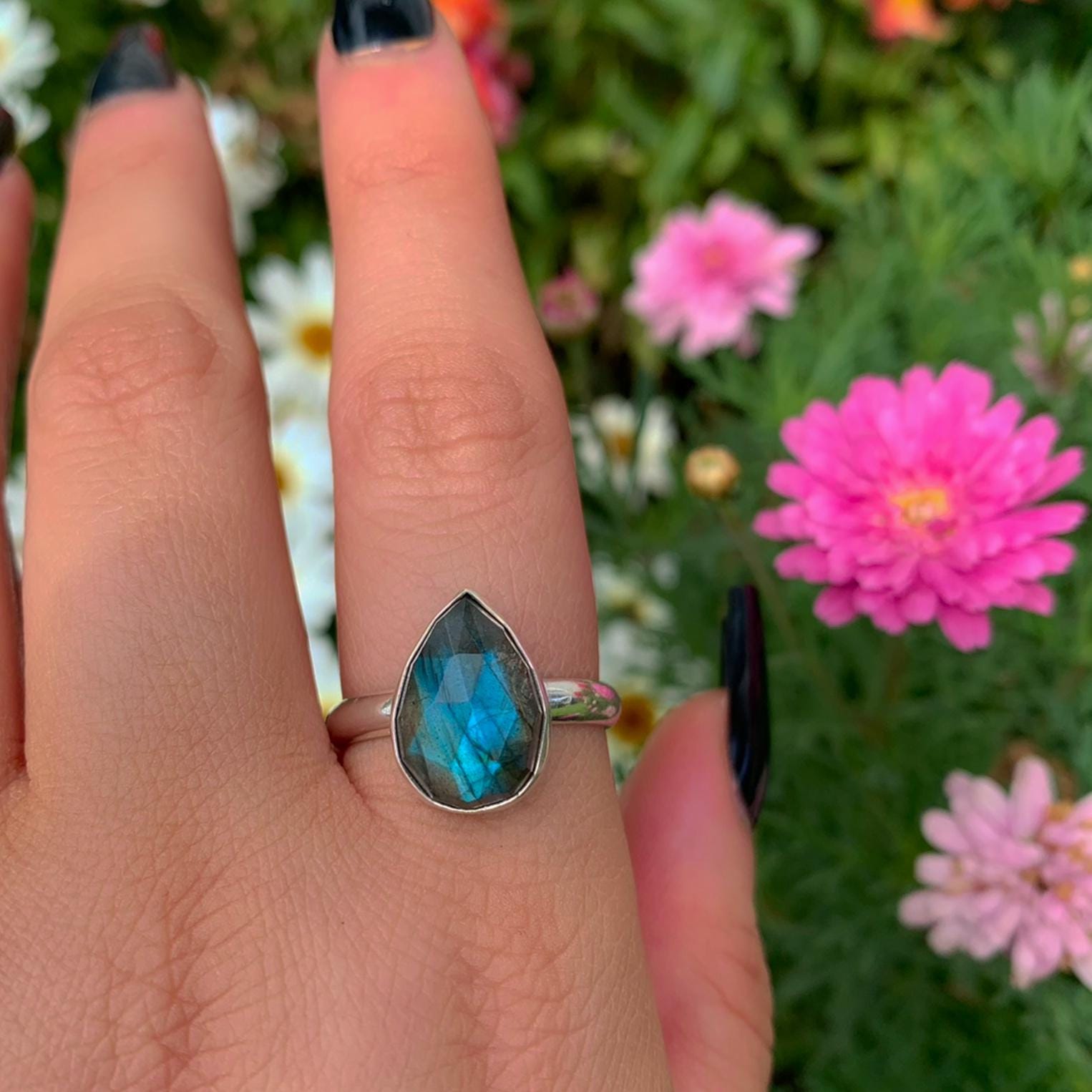 Rose Cut Labradorite Ring - Size 9 3/4 - Sterling Silver - Teardrop Blue Labradorite Jewellery