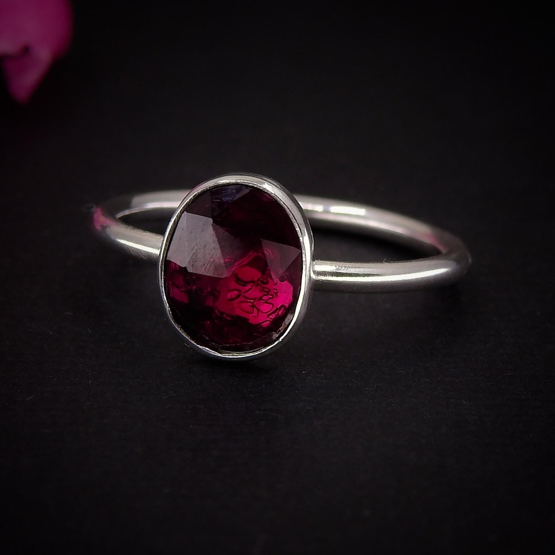 Rose Cut Rhodolite Garnet Ring - Size 6 - Sterling Silver - Faceted Pink Garnet Jewelry