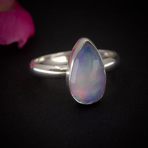 Rose Cut Clear Quartz & Aurora Opal Ring - Size 9 1/4 - Sterling Silver - Teardrop Pastel Rainbow Crystal Jewellery