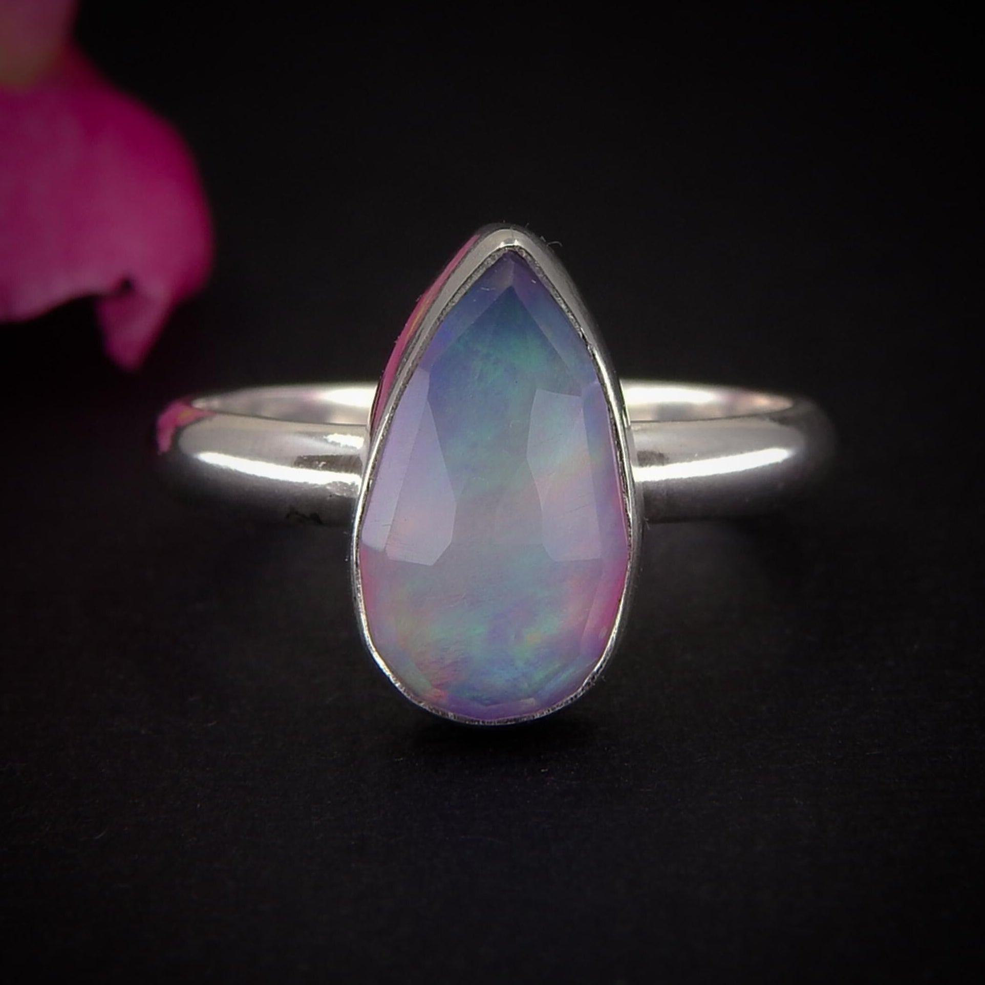 Rose Cut Clear Quartz & Aurora Opal Ring - Size 9 1/4 - Sterling Silver - Teardrop Pastel Rainbow Crystal Jewellery
