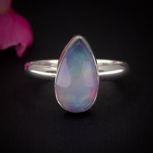 Rose Cut Clear Quartz & Aurora Opal Ring - Size 9 1/4 - Sterling Silver - Teardrop Pastel Rainbow Crystal Jewellery