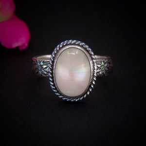 Moonstone Ring - Size 10 1/4 - Sterling Silver - Oval Rainbow Moonstone Jewelry - Thick Floral Ring Band
