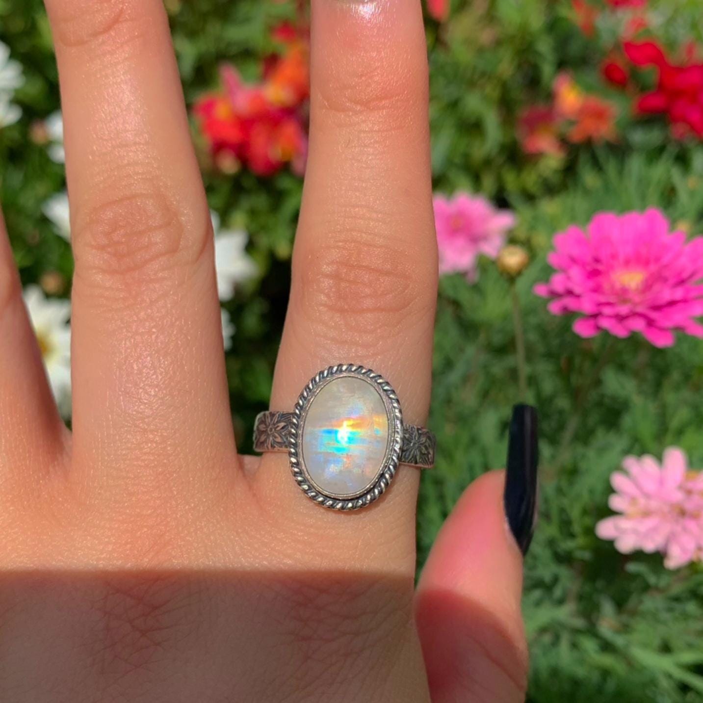 Moonstone Ring - Size 10 1/4 - Sterling Silver - Oval Rainbow Moonstone Jewelry - Thick Floral Ring Band