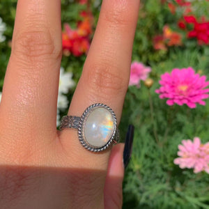 Moonstone Ring - Size 10 1/4 - Sterling Silver - Oval Rainbow Moonstone Jewelry - Thick Floral Ring Band