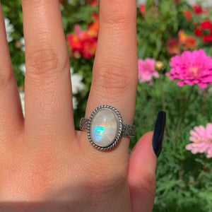 Moonstone Ring - Size 10 1/4 - Sterling Silver - Oval Rainbow Moonstone Jewelry - Thick Floral Ring Band