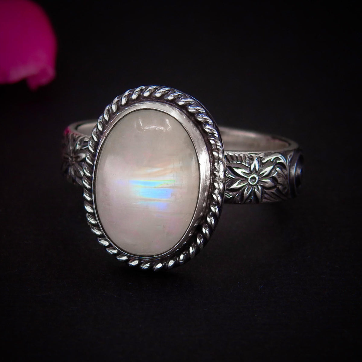 Moonstone Ring - Size 10 1/4 - Sterling Silver - Oval Rainbow Moonstone Jewelry - Thick Floral Ring Band