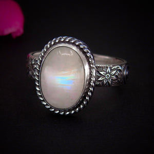 Moonstone Ring - Size 10 1/4 - Sterling Silver - Oval Rainbow Moonstone Jewelry - Thick Floral Ring Band