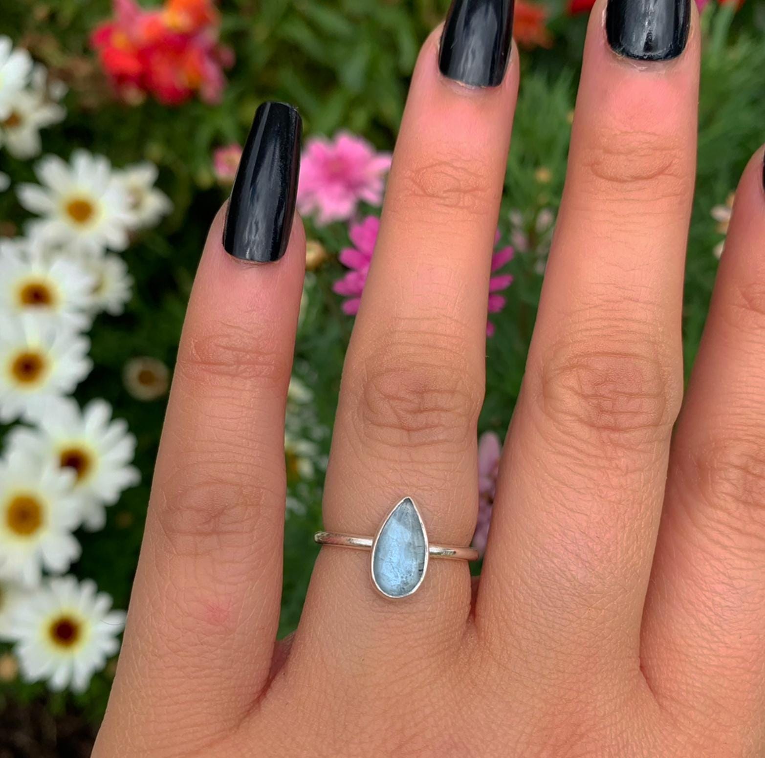Rose Cut Aquamarine Ring - Size 6 - Sterling Silver - Dainty Teardrop Blue Aquamarine Jewellery