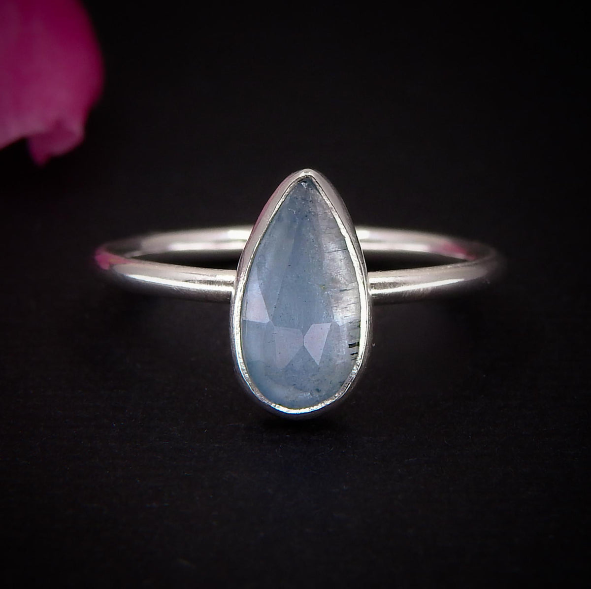Rose Cut Aquamarine Ring - Size 6 - Sterling Silver - Dainty Teardrop Blue Aquamarine Jewellery