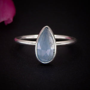 Rose Cut Aquamarine Ring - Size 6 - Sterling Silver - Dainty Teardrop Blue Aquamarine Jewellery