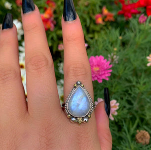 Moonstone Ring - Size 11 to 11 1/4 - Sterling Silver - Rainbow Moonstone Star Jewelry
