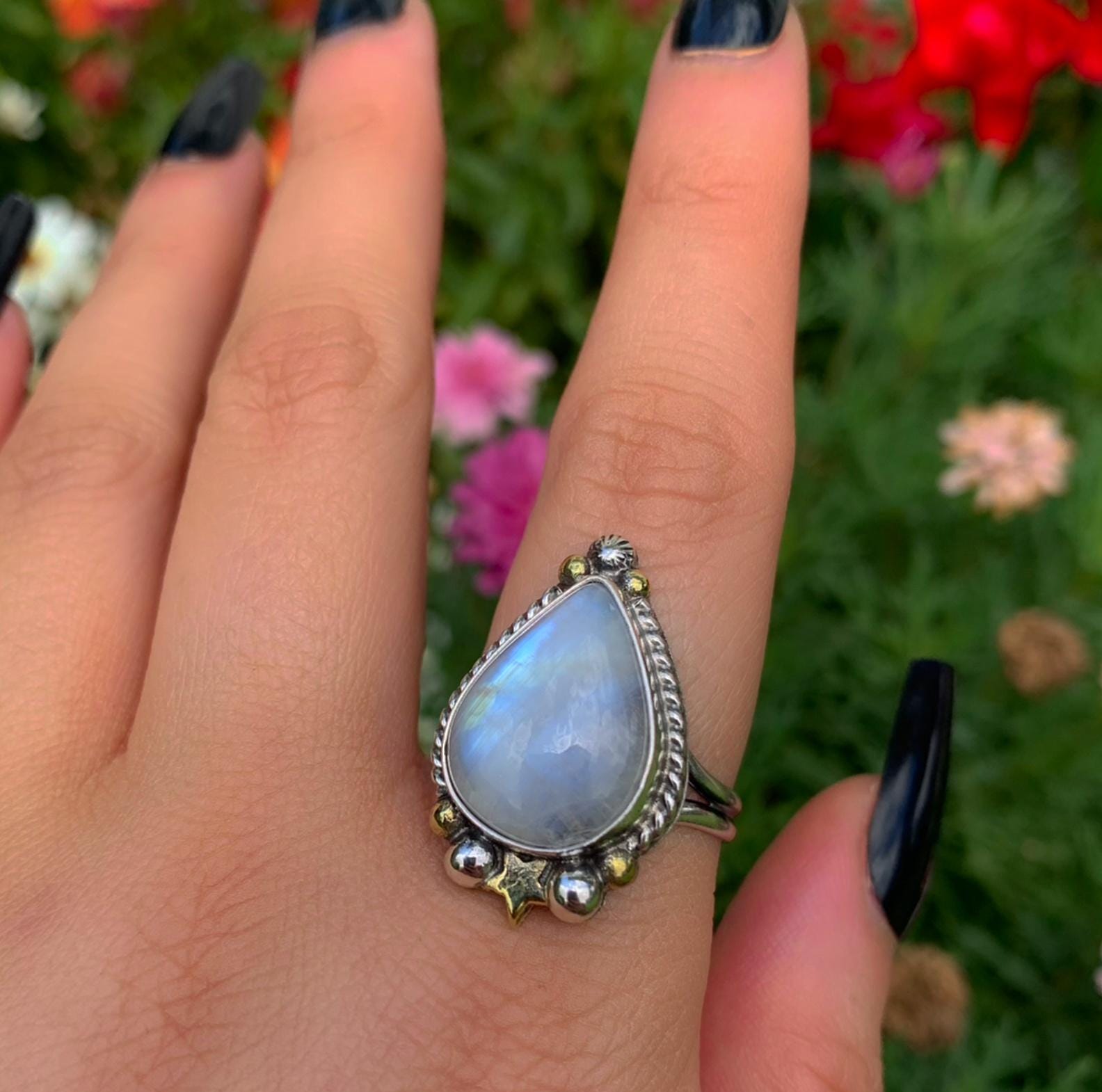 Moonstone Ring - Size 11 to 11 1/4 - Sterling Silver - Rainbow Moonstone Star Jewelry