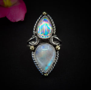 Moonstone & Angel Aura Quartz Ring - Size 8 - Sterling Silver - Celestial Moon Rainbow Crystal Jewellery