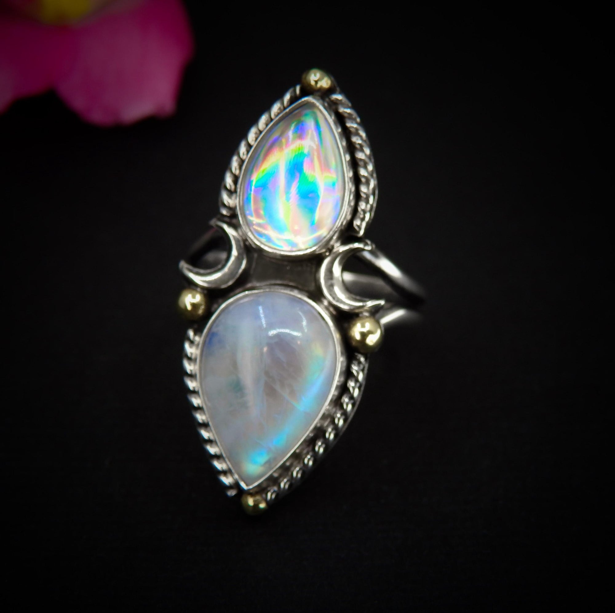 Moonstone & Angel Aura Quartz Ring - Size 8 - Sterling Silver - Celestial Moon Rainbow Crystal Jewellery
