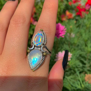 Moonstone & Angel Aura Quartz Ring - Size 8 - Sterling Silver - Celestial Moon Rainbow Crystal Jewellery