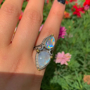 Moonstone & Angel Aura Quartz Ring - Size 8 - Sterling Silver - Celestial Moon Rainbow Crystal Jewellery