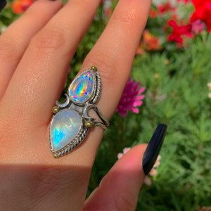 Moonstone & Angel Aura Quartz Ring - Size 8 - Sterling Silver - Celestial Moon Rainbow Crystal Jewellery
