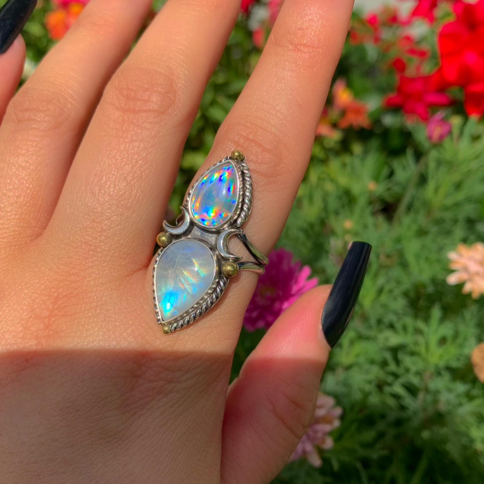 Moonstone & Angel Aura Quartz Ring - Size 8 - Sterling Silver - Celestial Moon Rainbow Crystal Jewellery